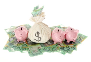 Australian Money with pink piggy banks clipart