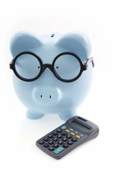 Piggy Bank в очках и с калькулятором — стоковое фото