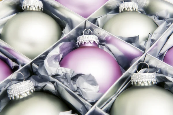 Christmas baubles in box — Stock Photo, Image