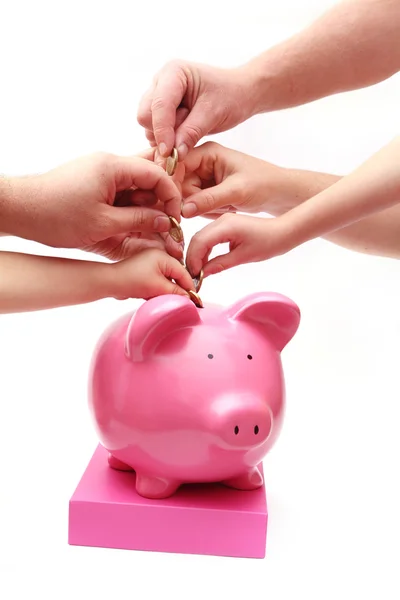 Hands putting coins into piggy bank — Stock Photo, Image