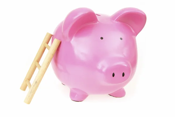 Wooden ladder leaning on piggy bank — Stockfoto