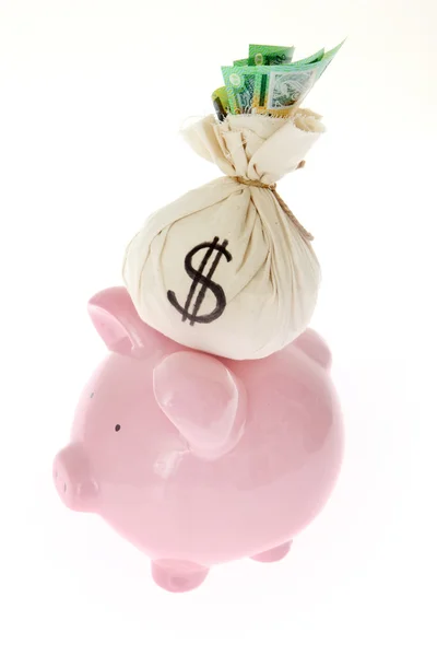Money bag on pink piggy bank — Stock Photo, Image