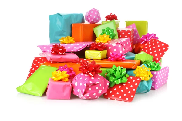 Colored gift boxes with decorative bows — Φωτογραφία Αρχείου