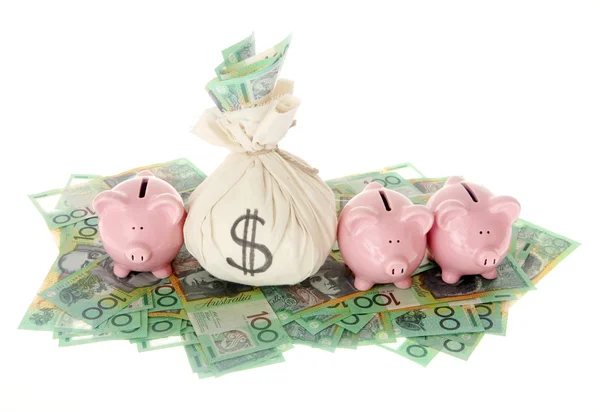 Australian Money with pink piggy banks — Stock Photo, Image