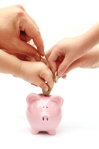 Hands putting coins into piggy bank — Stock Photo, Image