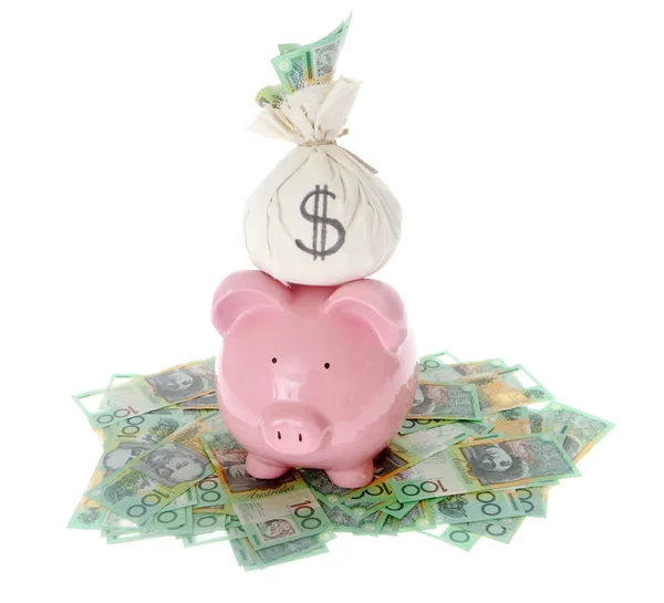 Money bag on pink piggy bank — Stock Photo, Image