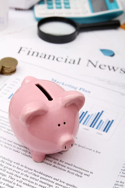 Piggy Bank with business documents — Stock Photo, Image