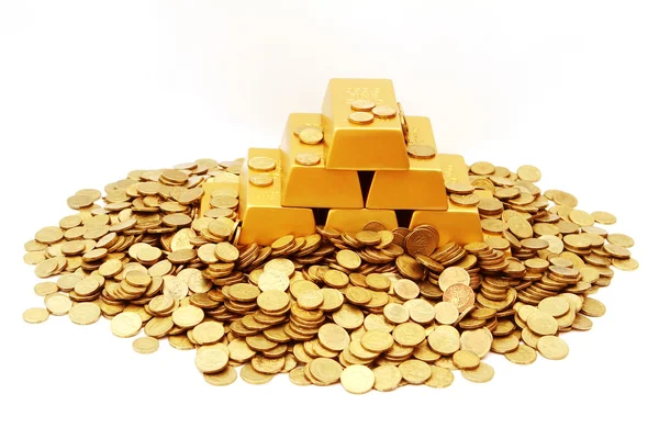 Gold ingots with gold coins Stock Picture