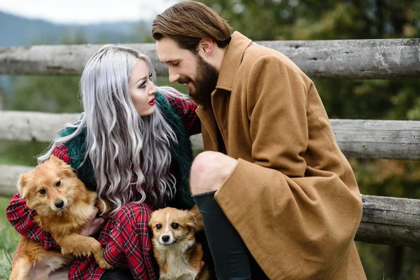 Um homem e uma mulher está sentado com dois cães — Fotografia de Stock