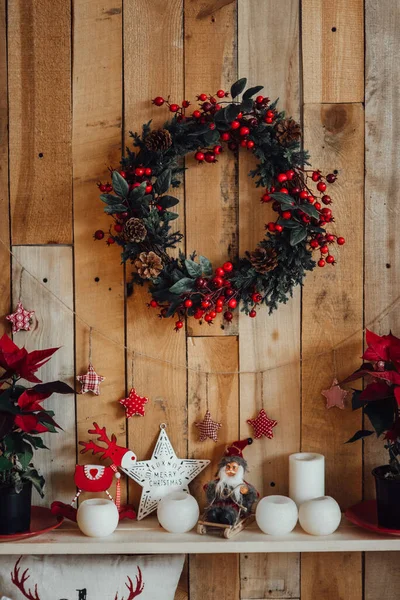 Nuovo Anno Decorazioni Festive Colori Caldi Albero Natale Corona Natale — Foto Stock