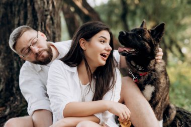 Amerikan Akita köpeği yeşil çayırda bir adam ve bir kızla yürüyüşe çıktı.