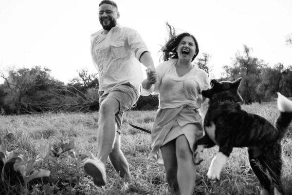 Amerikanischer Akita Hund Geht Mit Einem Mann Und Einem Mädchen — Stockfoto