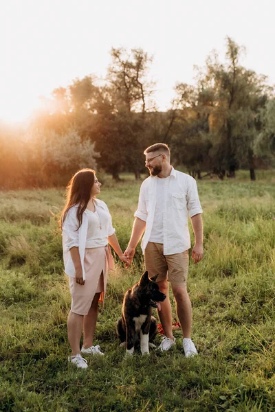 Chien Akita Américain Pour Une Promenade Avec Gars Une Fille — Photo