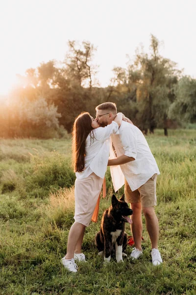 Chien Akita Américain Pour Une Promenade Avec Gars Une Fille — Photo