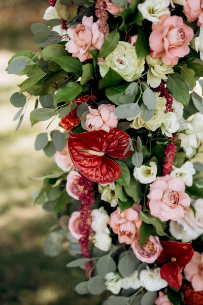 Elegantes Decoraciones Boda Hechas Flores Naturales Elementos Verdes — Foto de Stock