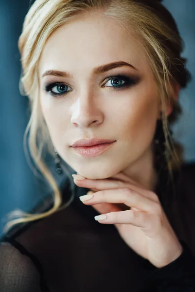 Blonde Girl Blue Eyes Black Dress Dark Turquoise Interior — Stock Photo, Image