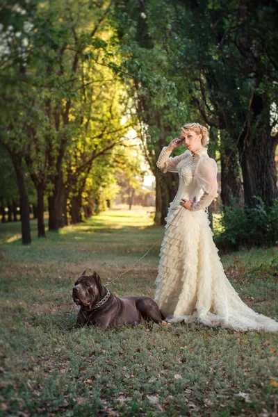 Fille Dans Une Vieille Robe Avec Des Volants Grand Chien — Photo