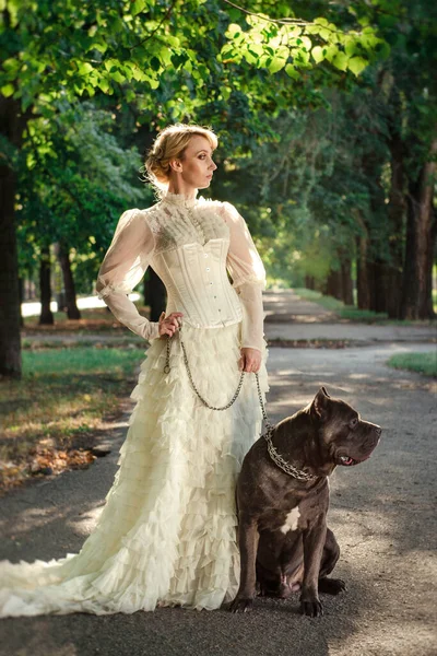 Fille Dans Une Vieille Robe Avec Des Volants Grand Chien — Photo