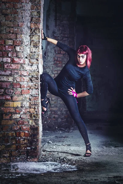 Girl Model Black Pink Hair Abandoned Building Stock Photo