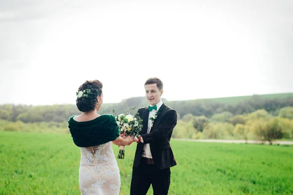 Der Bräutigam Braunen Anzug Und Die Braut Einem Elfenbeinfarbenen Kleid — Stockfoto