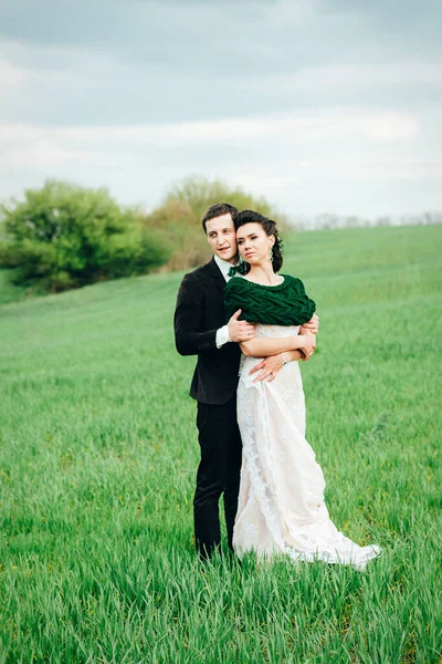 Noivo Terno Marrom Noiva Vestido Cor Marfim Campo Verde Retrocedendo — Fotografia de Stock