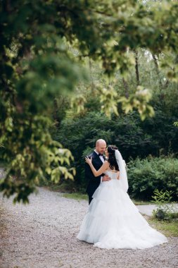 Beyaz elbiseli siyah saçlı bir gelin ve düğün günlerinde parkta papyonlu mavi elbiseli bir damat.