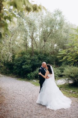 Beyaz elbiseli siyah saçlı bir gelin ve düğün günlerinde parkta papyonlu mavi elbiseli bir damat.