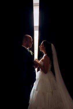 Beyaz elbiseli siyah saçlı bir gelin ve koyu renk bir otel odasında papyonlu mavi takım elbiseli bir damat.