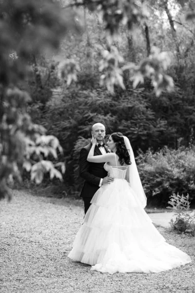 Beyaz elbiseli siyah saçlı bir gelin ve düğün günlerinde parkta papyonlu mavi elbiseli bir damat.