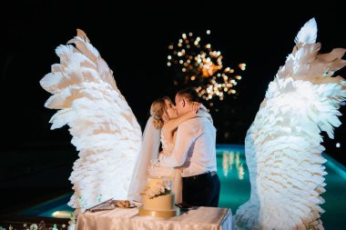 Düğün pastasını beyaz kanatların arka planına ve karanlık bir gece göğüne kesiyor.