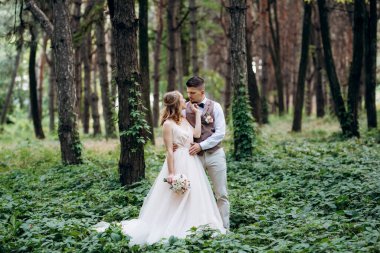 Gelin ve damat parklarda yürüyorlar patikalar boyunca ve ışık huzmeleri içinde