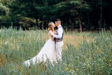 Gelin ve damat parklarda yürüyorlar patikalar boyunca ve ışık huzmeleri içinde