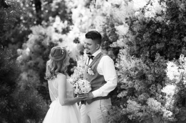 Gelin ve damat parklarda yürüyorlar patikalar boyunca ve ışık huzmeleri içinde