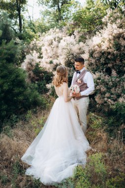 Gelin ve damat parklarda yürüyorlar patikalar boyunca ve ışık huzmeleri içinde