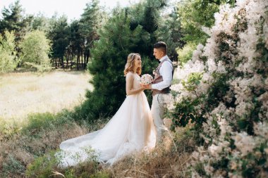 Gelin ve damat parklarda yürüyorlar patikalar boyunca ve ışık huzmeleri içinde