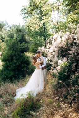 Gelin ve damat parklarda yürüyorlar patikalar boyunca ve ışık huzmeleri içinde