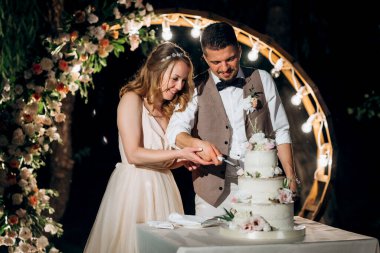newlyweds happily cut, laugh and taste the wedding cake
