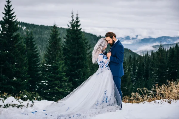 Groom in a blue suit and bride in white in the mountains Carpath — Stock Photo, Image