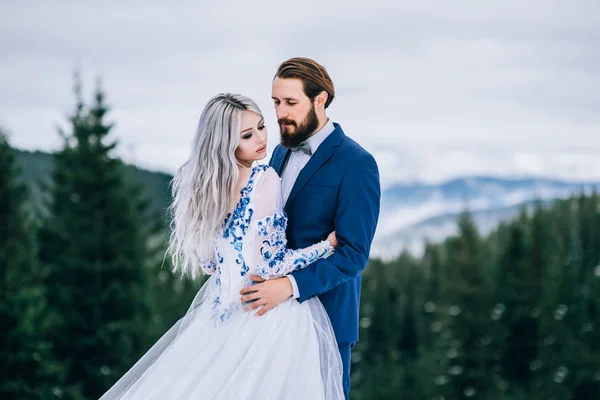 Groom in a blue suit and bride in white in the mountains Carpath — Stock Photo, Image
