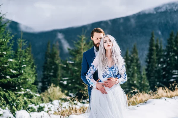 bir mavi elbise ve beyaz dağlarda Carpath gelin damat