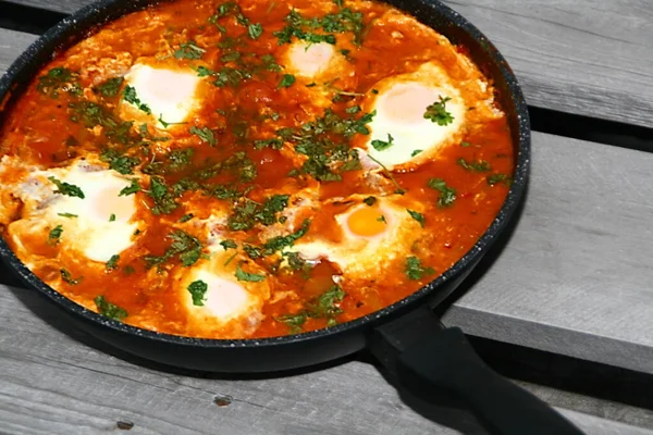 Nahaufnahme Einer Gemüsepfanne Shakshuka Nordafrikanische Israelische Spezialität Stockbild