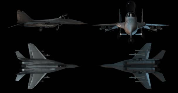 戦術戦闘機の様々な位置 パネルと武器の白いアニメーションマットを開く — ストック動画