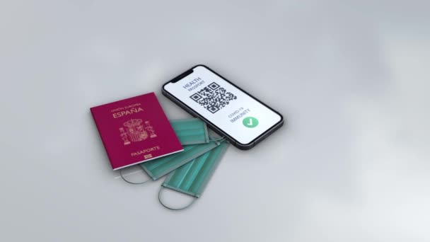 Gezondheid Paspoort Spanje Rotatie Zoom Animatie Model Een Witte Achtergrond — Stockvideo