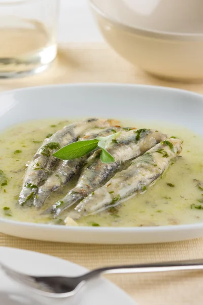 Acciughe marinate con prezzemolo, aglio e olio d'oliva — Foto Stock