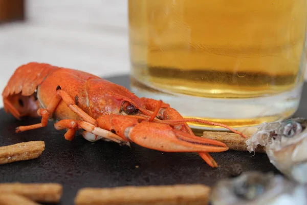 Beyaz arka planda, siyah bir tahta. Bir bardak soğuk bira, deniz ürünleri, kerevit ve aperatifleri değiş tokuş edeceğimiz yer. Deniz ürünlerine odaklan - kırmızı kerevit