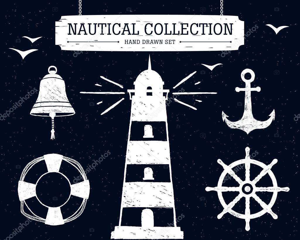 Hand drawn nautical collection on the black background.