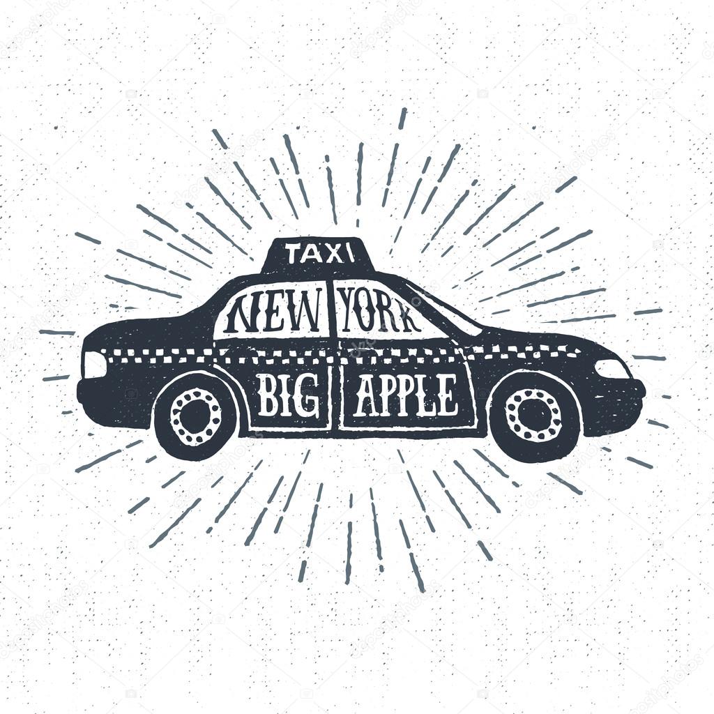 Hand drawn textured vintage label with taxi vector illustration and 