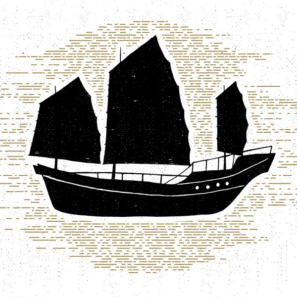 Ícone vintage texturizado desenhado à mão com ilustração de vetor de navio —  Vetores de Stock