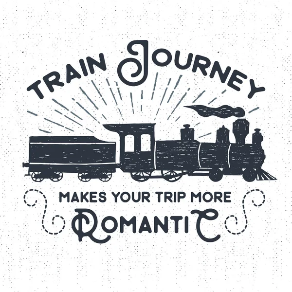 Étiquette vintage texturée dessinée à la main, badge rétro avec illustration vectorielle du train à vapeur et lettrage inspirant "Train journey makes your trip more romantic" — Image vectorielle