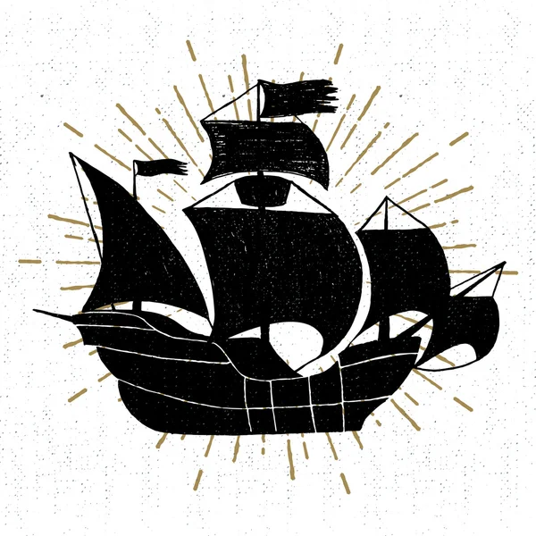 手描きの質感のガレオン船のベクトル図とビンテージのアイコン — ストックベクタ